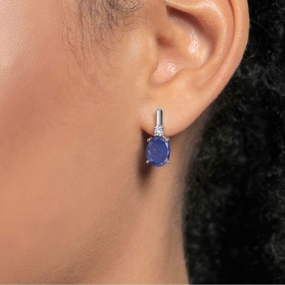 925 Sterling Silver with 4.10 Cttw Lapis Lazuli and White Sapphire Oval Earrings - Picture 3 of 4